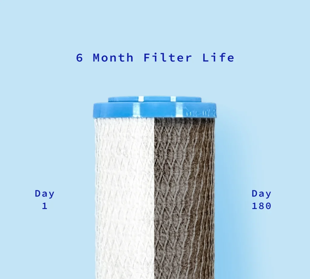 Dirty refrigerator water filter after 6 months buildup showing contamination and discoloration